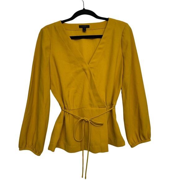 J. Crew Tops - J.Crew Mustard Yellow Wrap Blouse Size 4 Long Sleeve Top Classic Chic